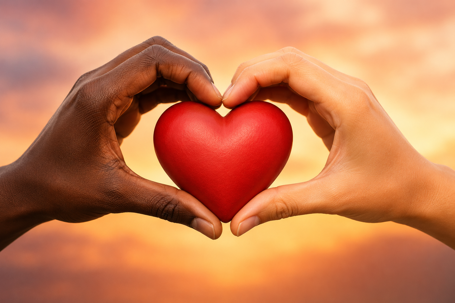 Two hands forming a heart around a red heart.