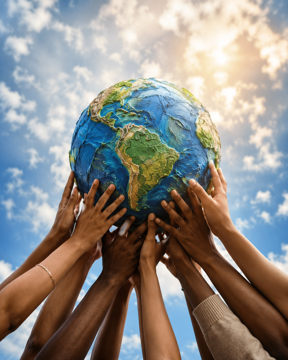 Many hands lifting a globe toward the sky.